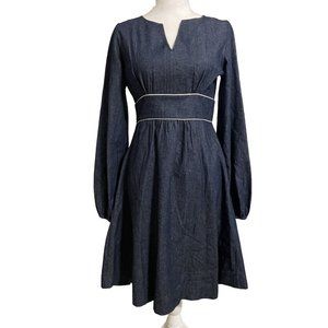 Denim Peasant Dress Cinched-Waist Side Pockets Size 2 Long Sleeve V-neck Zipper